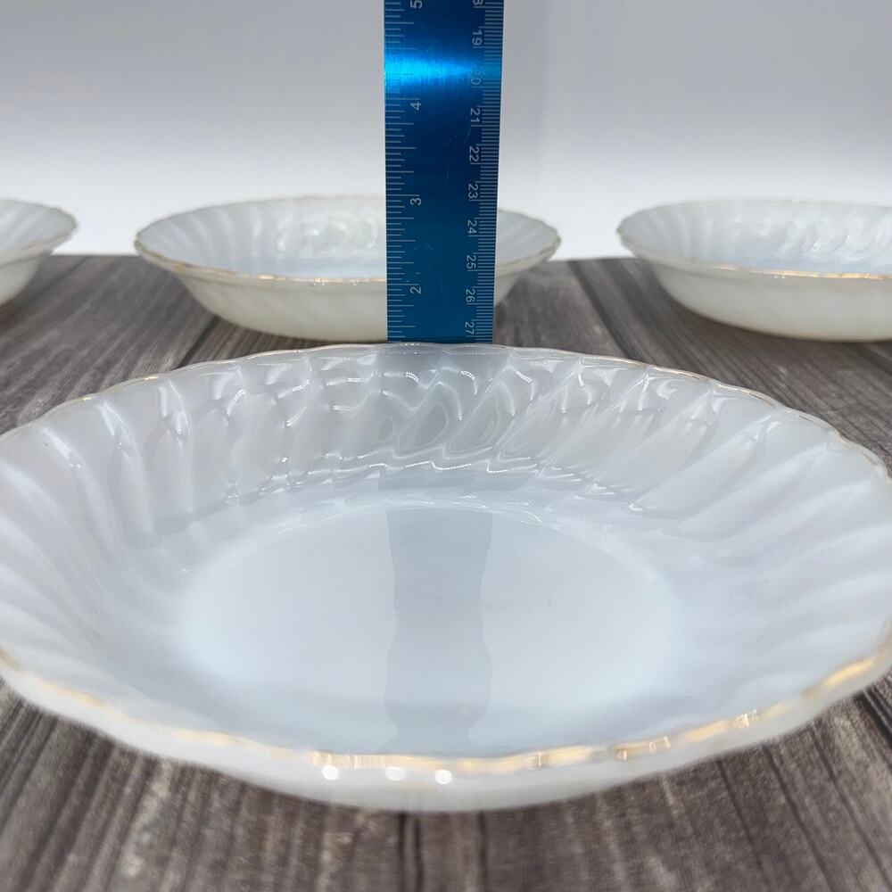Vintage Fire King Milk Glass Swirl Bowls Gold Trim Set of 4 Anchor Hocking 7.5" - Picture 8 of 16